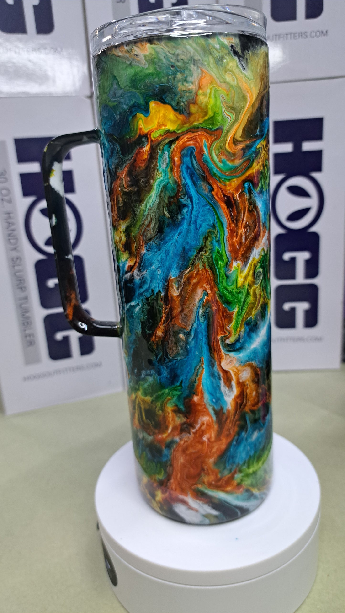 #13 Hogg 20oz skinny stainless steel drinking tumbler with handle.