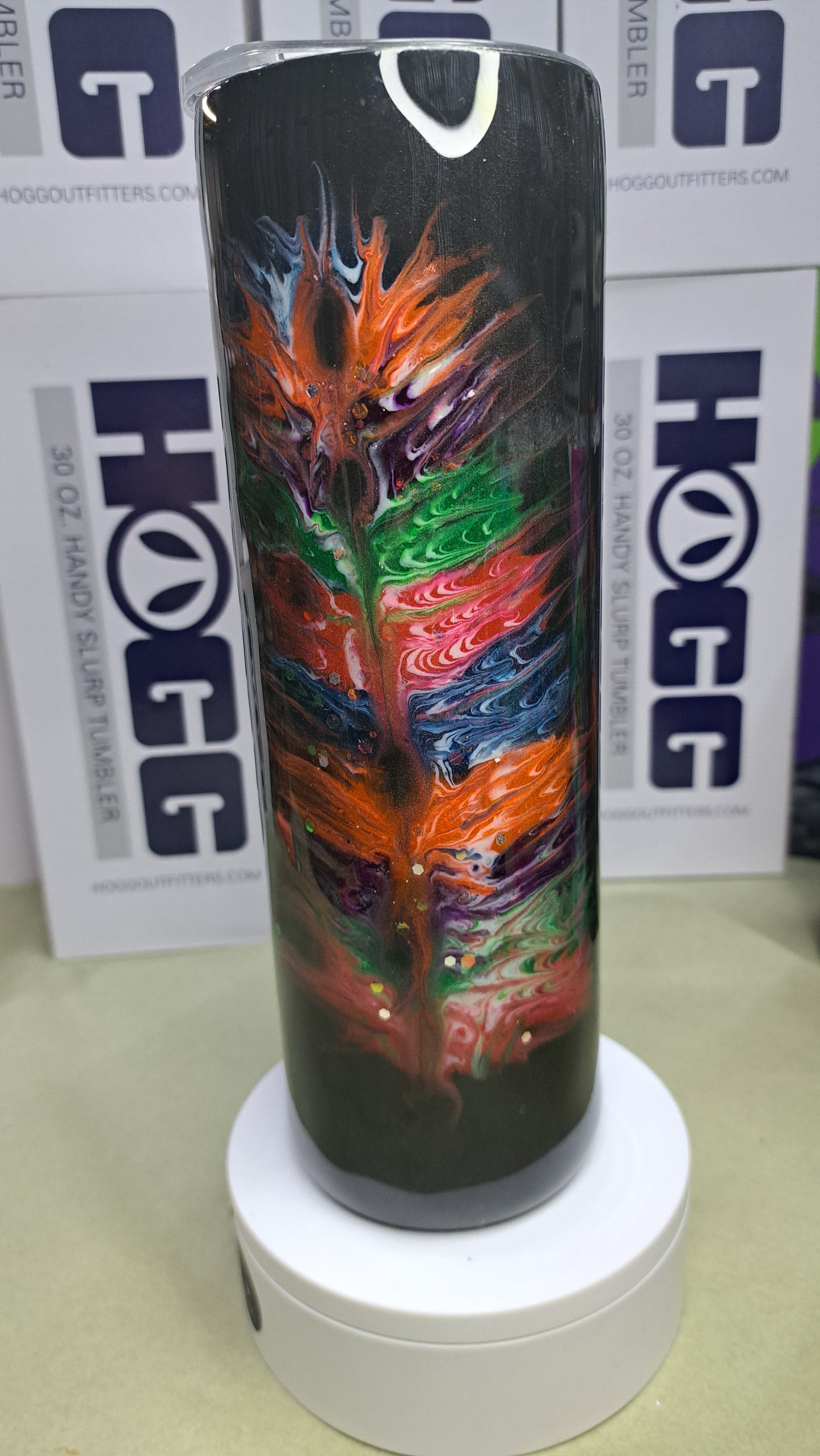 #22 Hogg 30oz skinny stainless steel drinking tumbler. Neon 🪶.