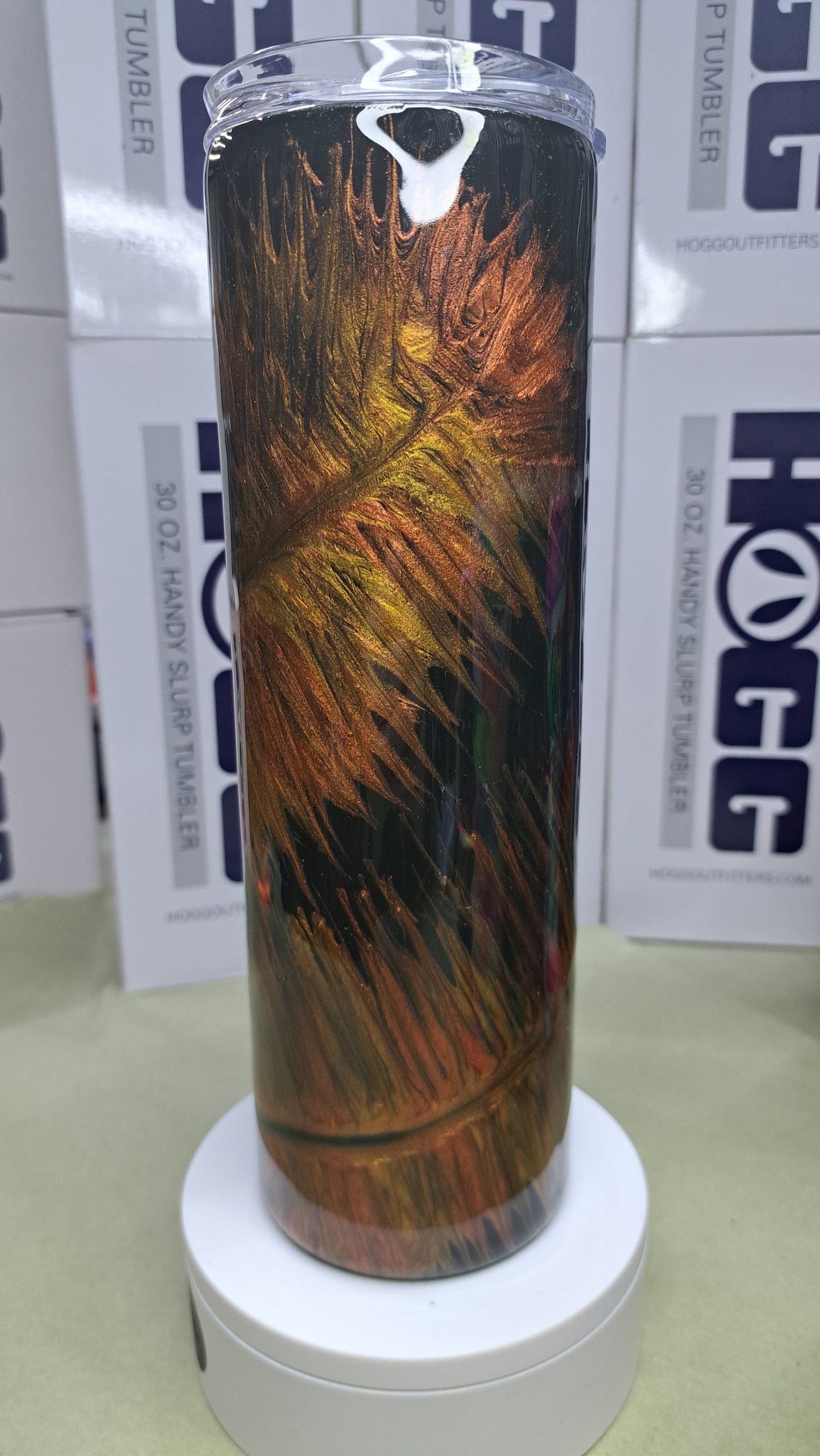 #19 30oz skinny stainless steel drinking tumbler with a fall Feather