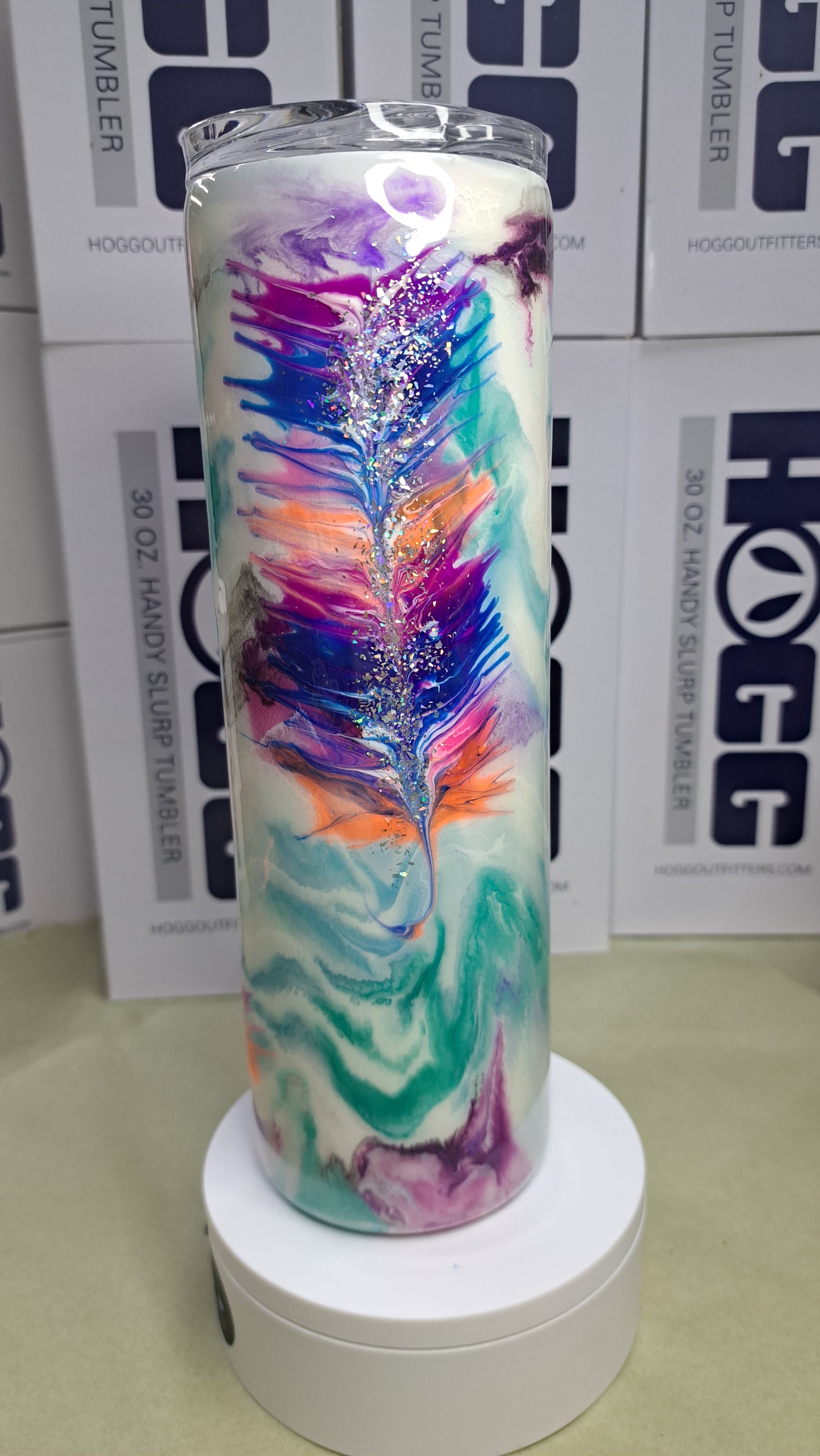 #25 Hogg30oz skinny Neon Feather drinking tumbler