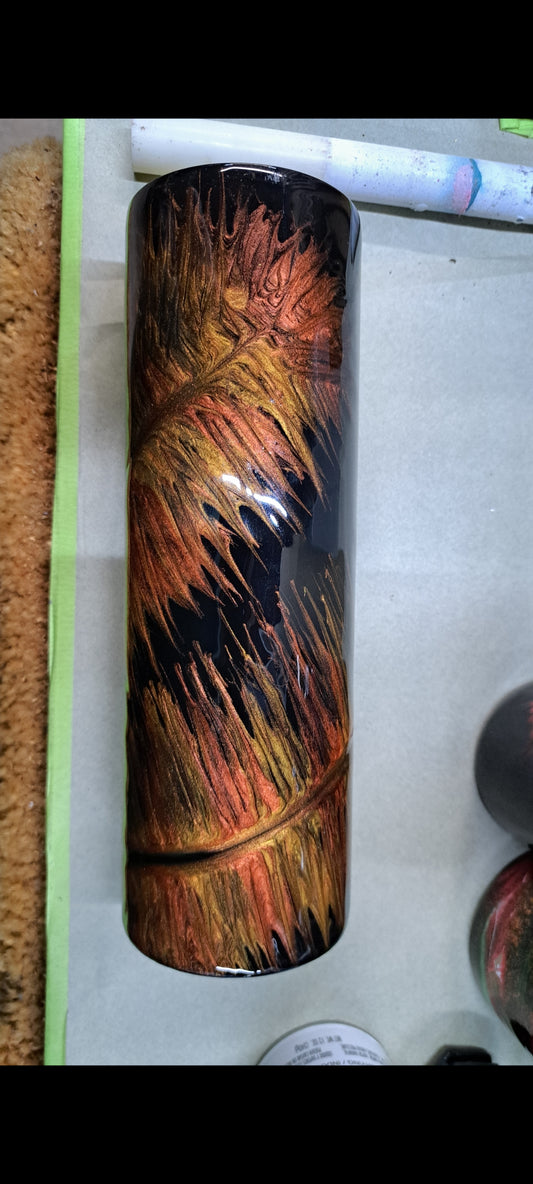 30oz skinny stainless steel drinking tumbler with a fall Feather