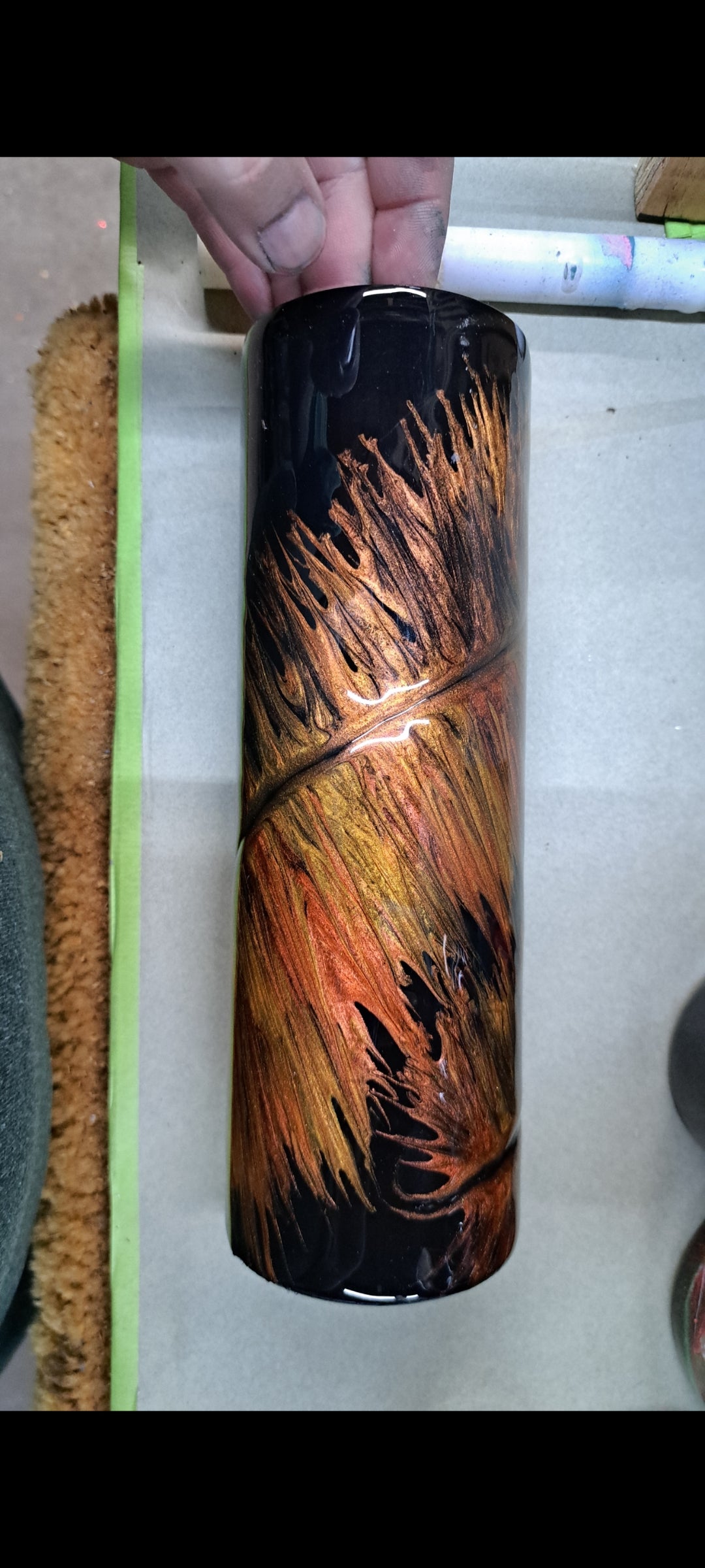 30oz skinny stainless steel drinking tumbler with a fall Feather