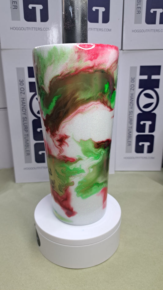 #33. 30oz Handy Slurp stainless steel drinking tumbler with white glitter base.