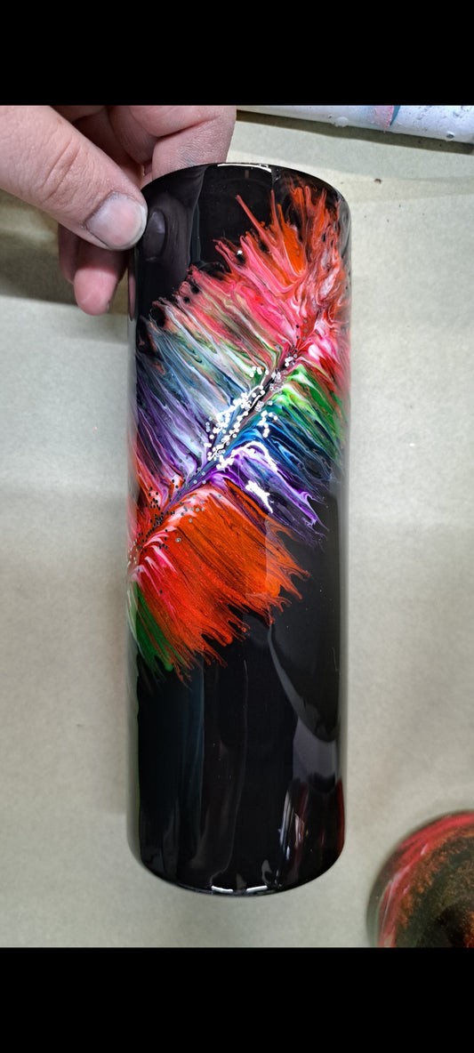 20oz skinny stainless steel drinking tumbler with neon Feather that glows !