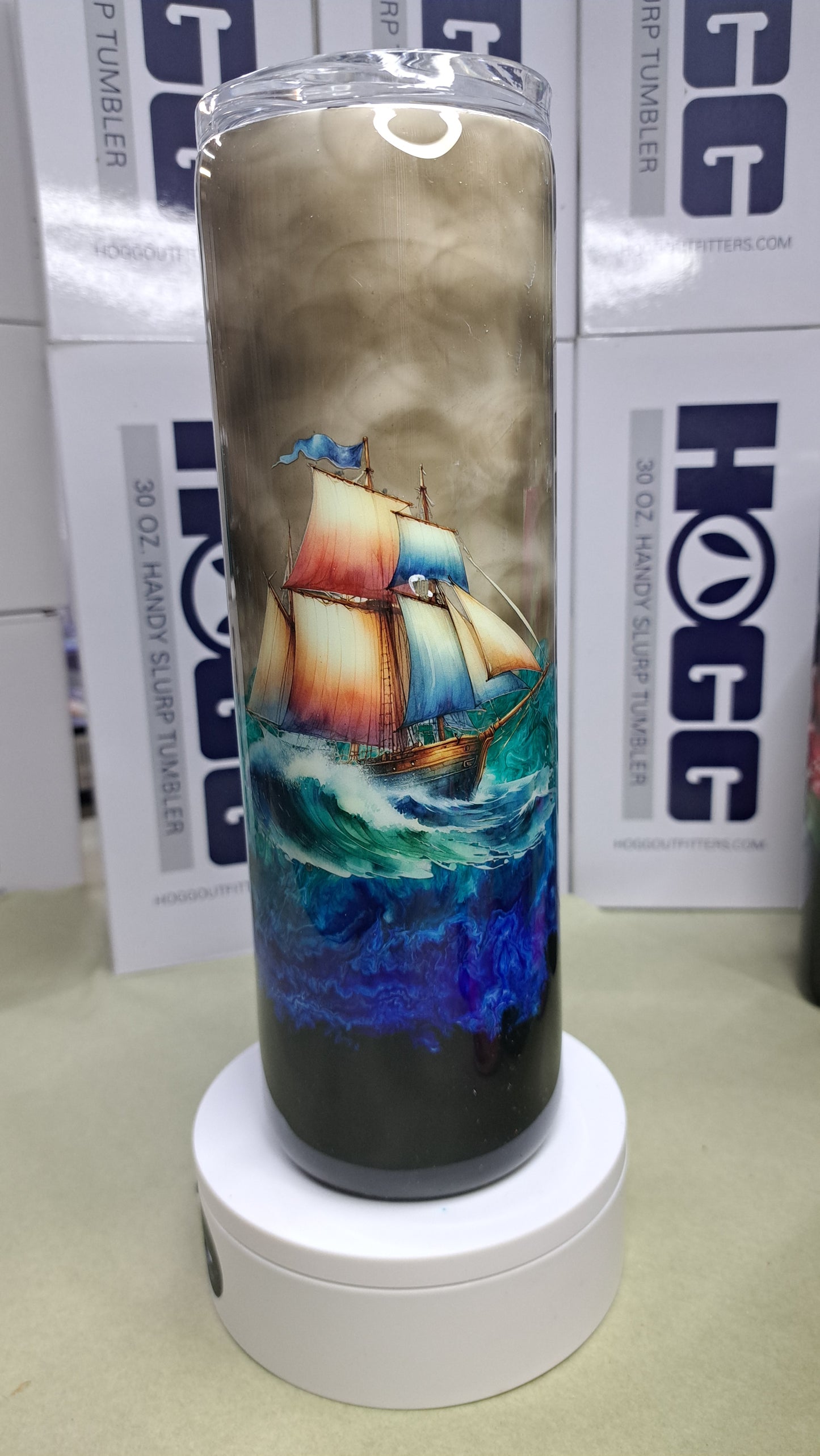 #18 30oz Hogg skinny stainless steel drinking tumbler "stormy seas"